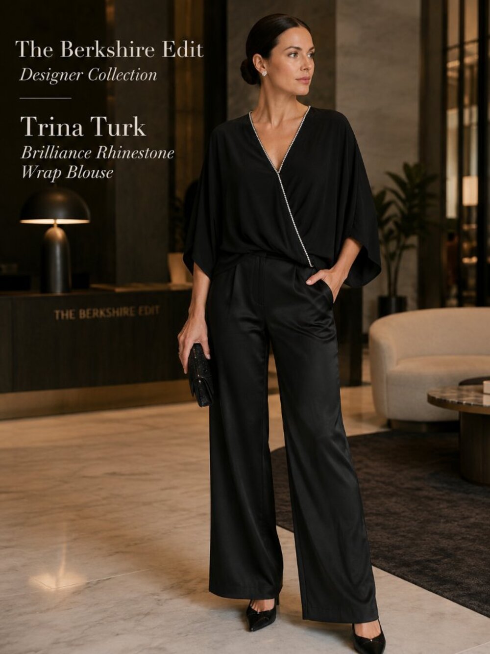 Trina Turk Brilliance Rhinestone Wrap Blouse Dolman Sleeve Black XS S